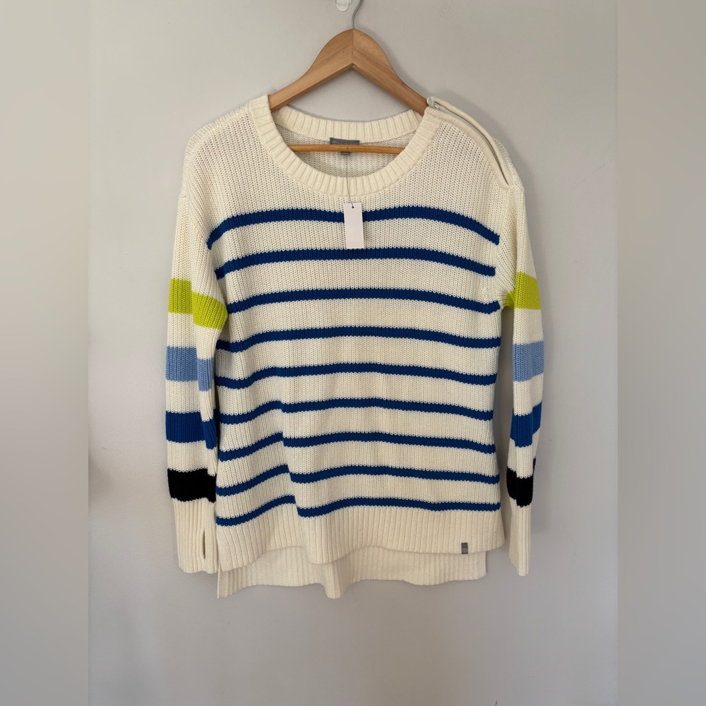 T by Talbots women’s Petite  Medium Striped Sweater crew neck hi low l/s